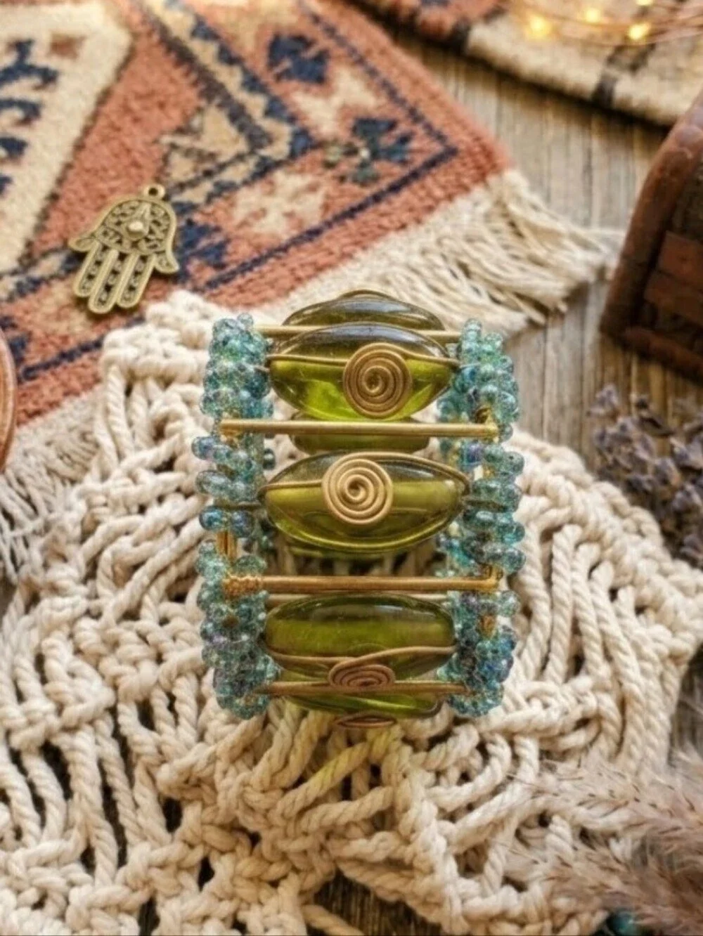 Set of 8 Kohls Baja Collection Green & Turquoise Glass Beaded Napkin Rings Boho